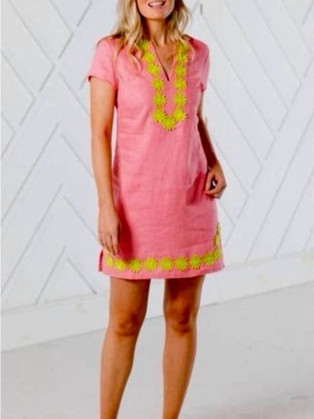 Sail to Sable Pink Shift Dress with Neon Light Green Floral Trim